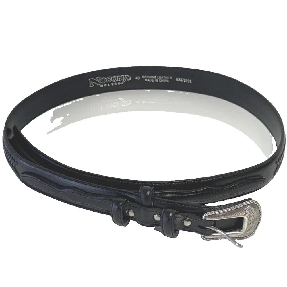 Nocona Black Leather Western Belt Silver Buckle Braided Sz Mens 40 Double Tongue